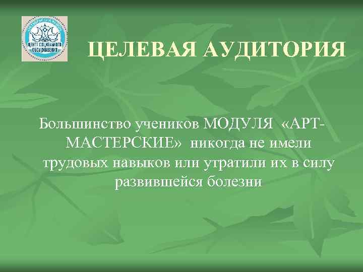 ЦЕЛЕВАЯ АУДИТОРИЯ Большинство учеников МОДУЛЯ «АРТМАСТЕРСКИЕ» никогда не имели трудовых навыков или утратили их