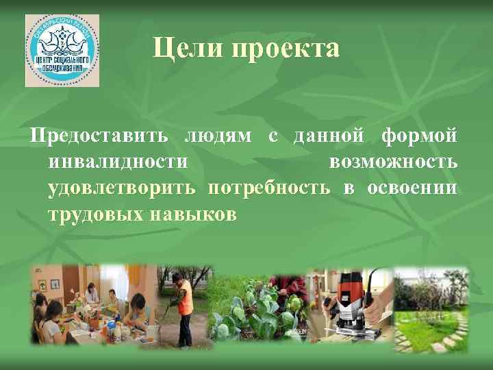 Цели проекта Предоставить людям с данной формой инвалидности возможность удовлетворить потребность в освоении трудовых