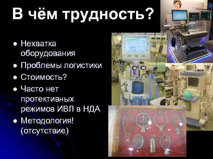 В чём трудность? Нехватка оборудования Проблемы логистики Стоимость? Часто нет протективных режимов ИВЛ в