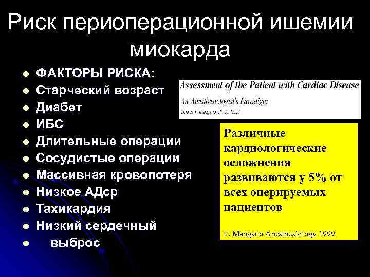 Риск периоперационной ишемии миокарда ФАКТОРЫ РИСКА: Старческий возраст Диабет ИБС Длительные операции Сосудистые операции