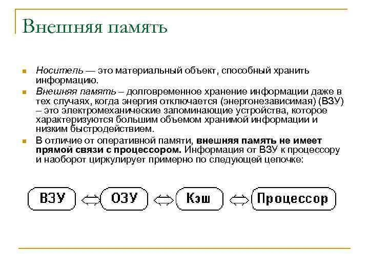 Внешняя память n n n Носитель — это материальный объект, способный хранить информацию. Внешняя