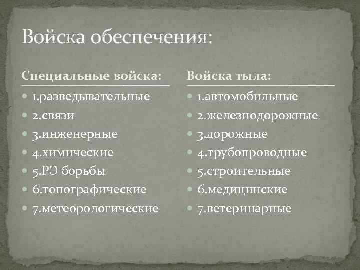 Войска обеспечения: Специальные войска: Войска тыла: 1. разведывательные 1. автомобильные 2. связи 2. железнодорожные