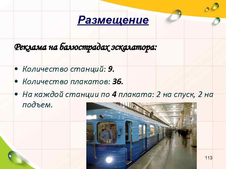 Размещение Реклама на балюстрадах эскалатора: • Количество станций: 9. • Количество плакатов: 36. •