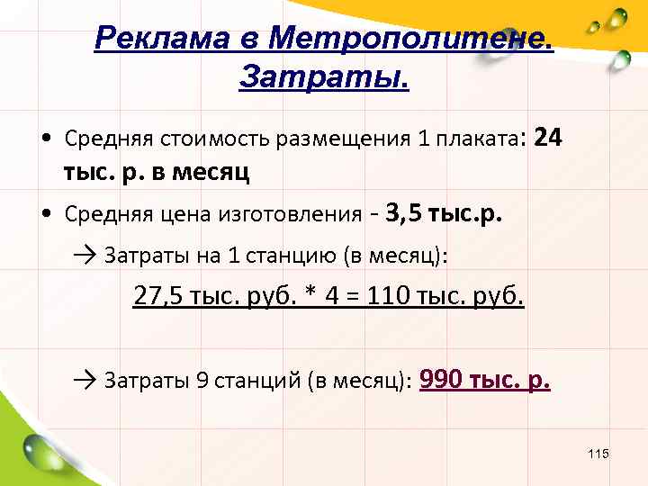 Реклама в Метрополитене. Затраты. • Средняя стоимость размещения 1 плаката: 24 тыс. р. в