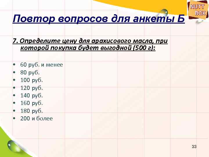 Повтор вопросов для анкеты Б 7. Определите цену для арахисового масла, при которой покупка