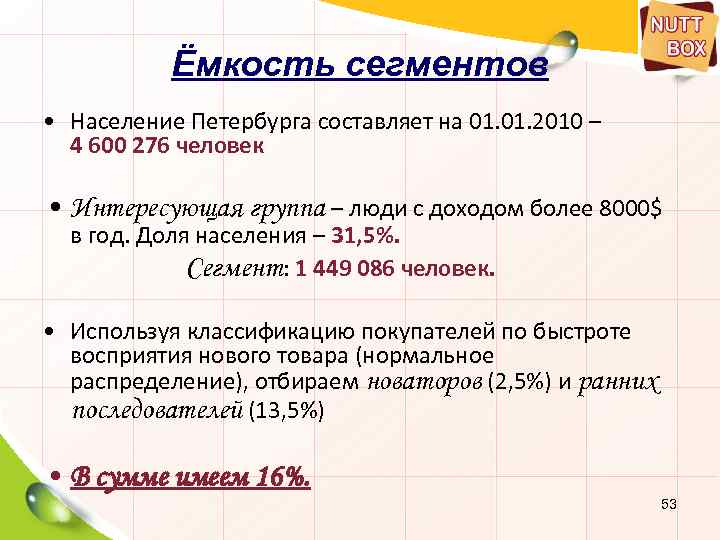 Ёмкость сегментов • Население Петербурга составляет на 01. 2010 – 4 600 276 человек