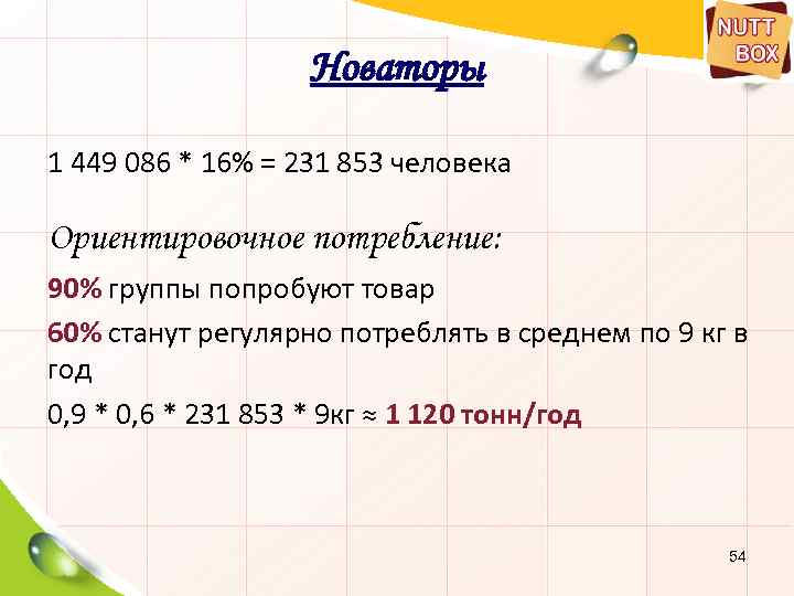 Новаторы 1 449 086 * 16% = 231 853 человека Ориентировочное потребление: 90% группы