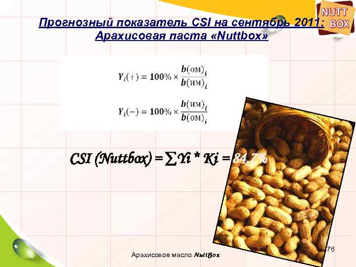 Прогнозный показатель СSI на сентябрь 2011: Арахисовая паста «Nuttbox» CSI (Nuttbox) = ∑Yi *