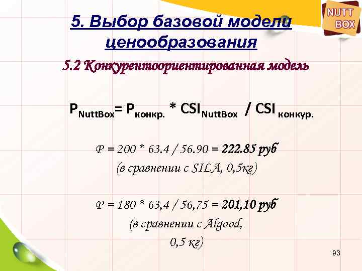 5. Выбор базовой модели ценообразования 5. 2 Конкурентоориентированная модель PNutt. Box= Pконкр. * CSINutt.