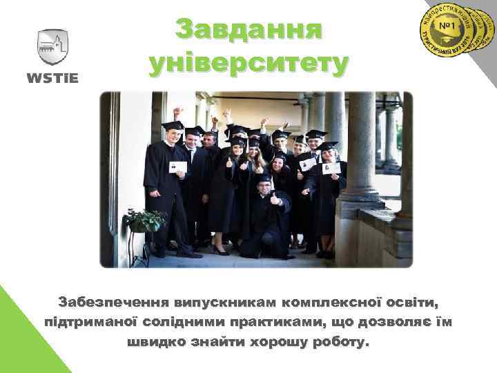 Завдання університету Забезпечення випускникам комплексної освіти, підтриманої солідними практиками, що дозволяє їм швидко знайти