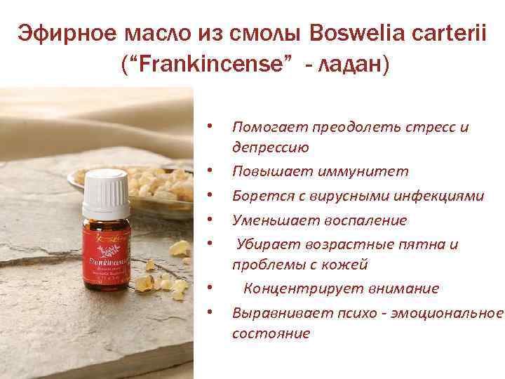 Эфирное масло из смолы Boswelia carterii (“Frankincense” - ладан) • • Помогает преодолеть стресс