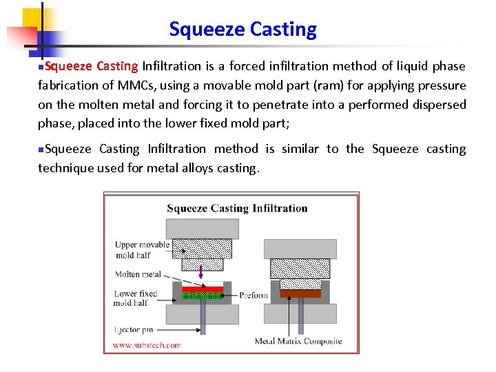 Squeeze Casting Infiltration is a forced infiltration method of liquid phase fabrication of MMCs,