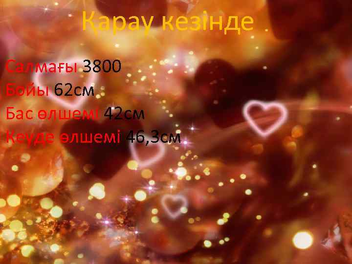 Қарау кезінде Салмағы 3800 Бойы 62 см Бас өлшемі 42 см Кеуде өлшемі 46,