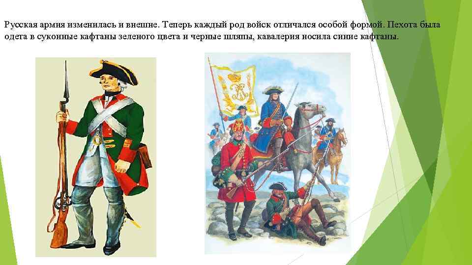 Русская армия изменилась и внешне. Теперь каждый род войск отличался особой формой. Пехота была