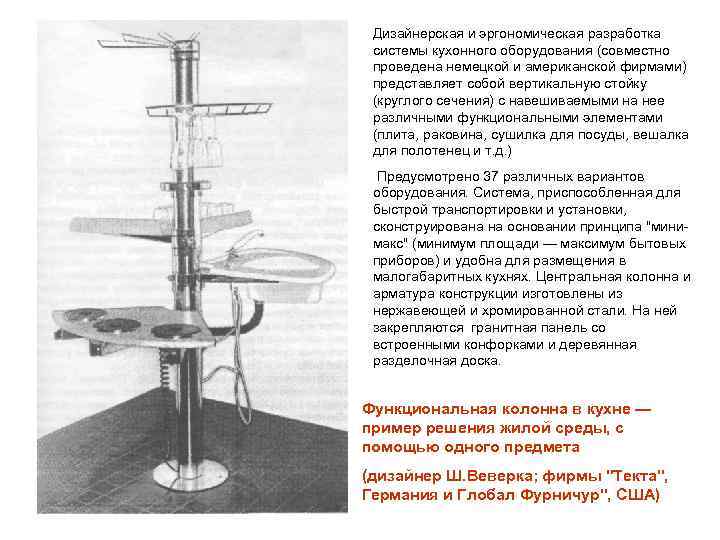 Дизайнерская и эргономическая разработка системы кухонного оборудования (совместно проведена немецкой и американской фирмами) представляет