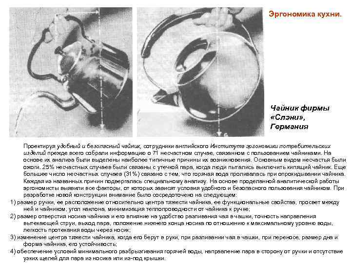 Эргономика кухни. Чайник фирмы «Слэни» , Германия Проектируя удобный и безопасный чайник, сотрудники английского