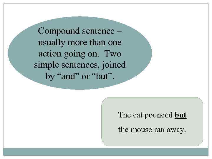 Compound sentence – usually more than one action going on. Two simple sentences, joined