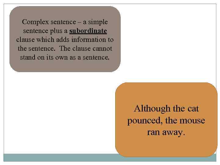 Complex sentence – a simple sentence plus a subordinate clause which adds information to