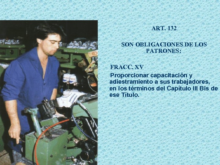 ART. 132 SON OBLIGACIONES DE LOS PATRONES: FRACC. XV Proporcionar capacitación y adiestramiento a