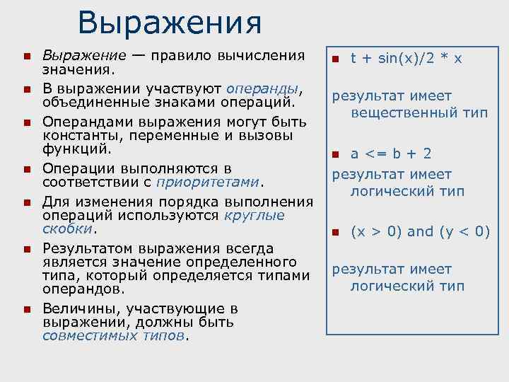 Выражения n n n n Выражение — правило вычисления n t + sin(x)/2 *