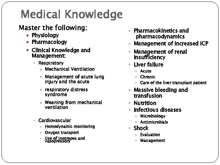 Medical Knowledge Master the following: Physiology Pharmacology Clinical Knowledge and Management: Respiratory Mechanical Ventilation