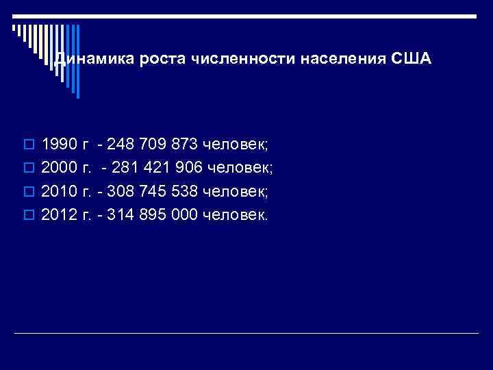 Динамика роста численности населения США o 1990 г - 248 709 873 человек; o