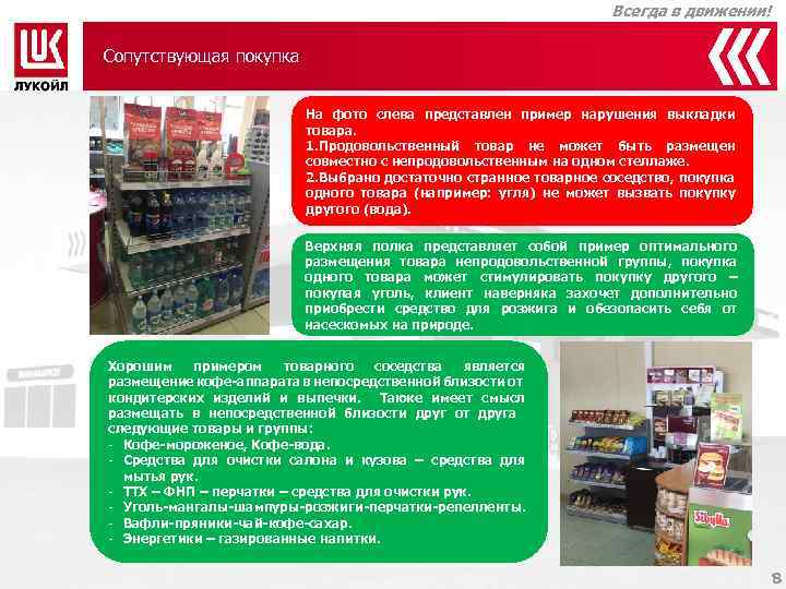 Всегда в движении! Сопутствующая покупка На фото слева представлен пример нарушения выкладки товара. 1.
