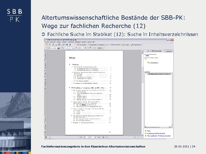 Altertumswissenschaftliche Bestände der SBB-PK: Wege zur fachlichen Recherche (12) Ü Fachliche Suche im Stabikat