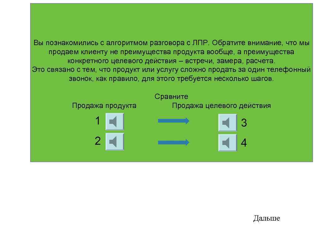 Вы познакомились с алгоритмом разговора с ЛПР. Обратите внимание, что мы продаем клиенту не