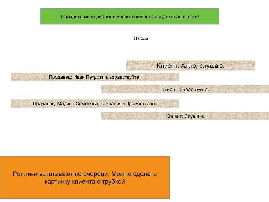 Пройдите мини-диалог и убедите клиента встретиться с вами! Начать Клиент: Алло, слушаю. Продавец: Иван