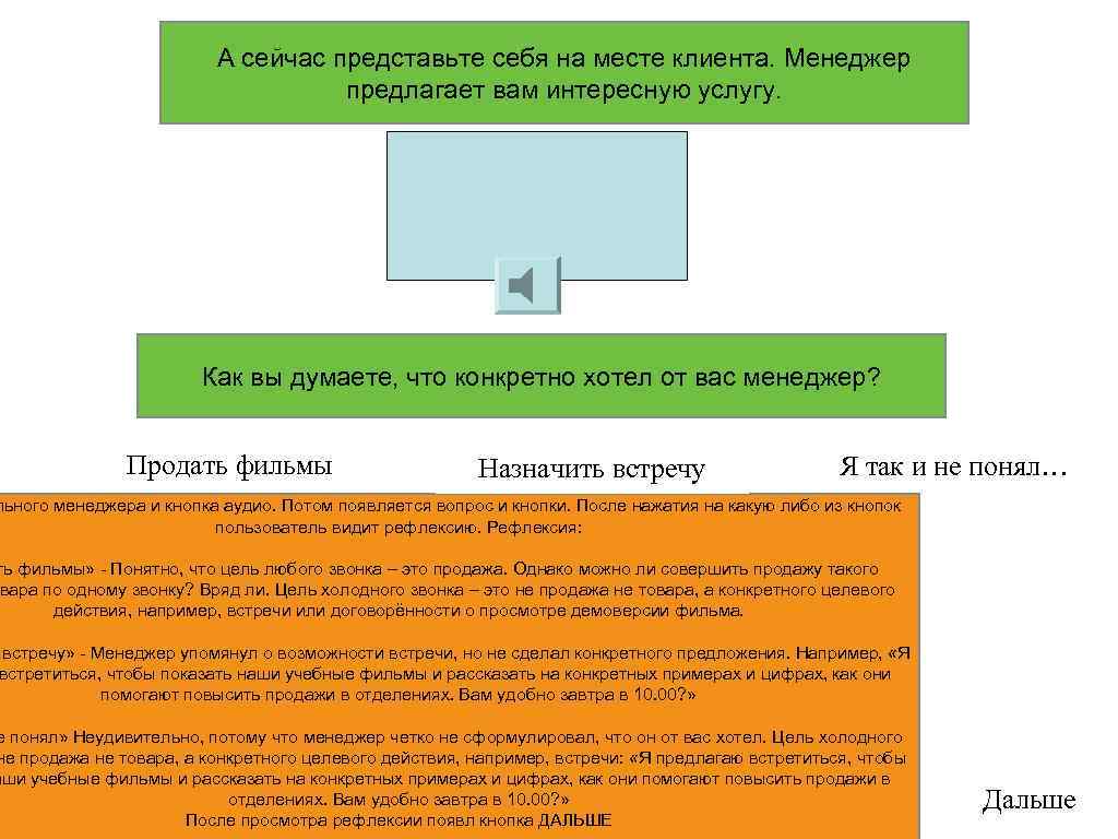 А сейчас представьте себя на месте клиента. Менеджер предлагает вам интересную услугу. Как вы