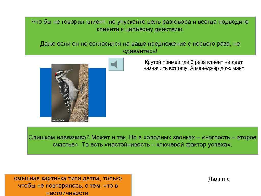 Что бы не говорил клиент, не упускайте цель разговора и всегда подводите клиента к