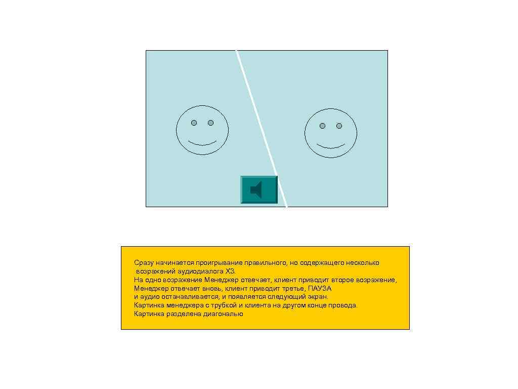 Сразу начинается проигрывание правильного, но содержащего несколько возражений аудиодиалога ХЗ. На одно возражение Менеджер