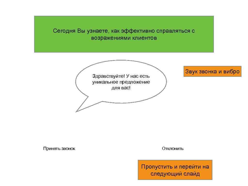 Сегодня Вы узнаете, как эффективно справляться с возражениями клиентов Звук звонка и вибро Здравствуйте!