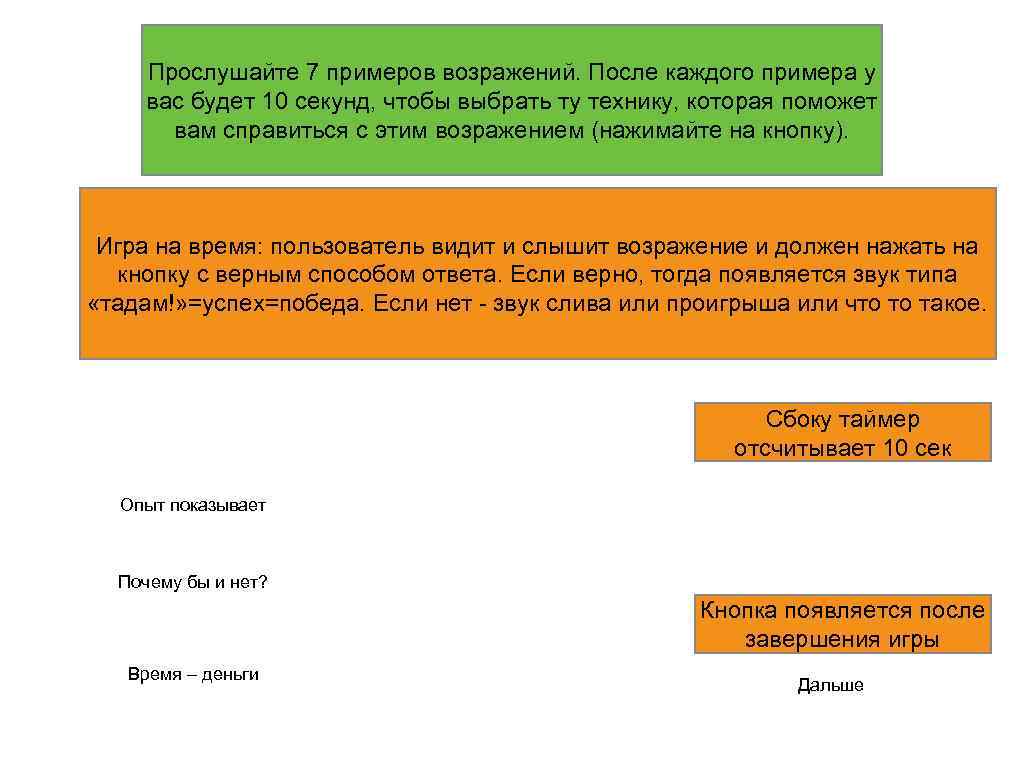 Прослушайте 7 примеров возражений. После каждого примера у вас будет 10 секунд, чтобы выбрать