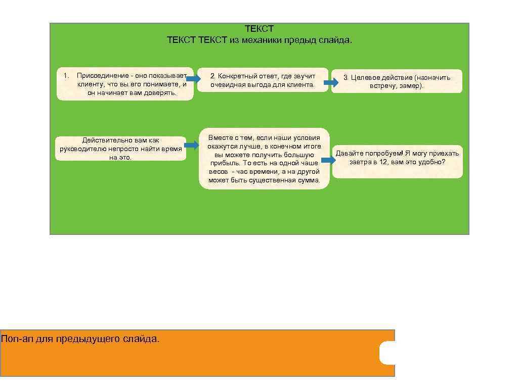 ТЕКСТ из механики предыд слайда. 1. Присоединение - оно показывает клиенту, что вы его