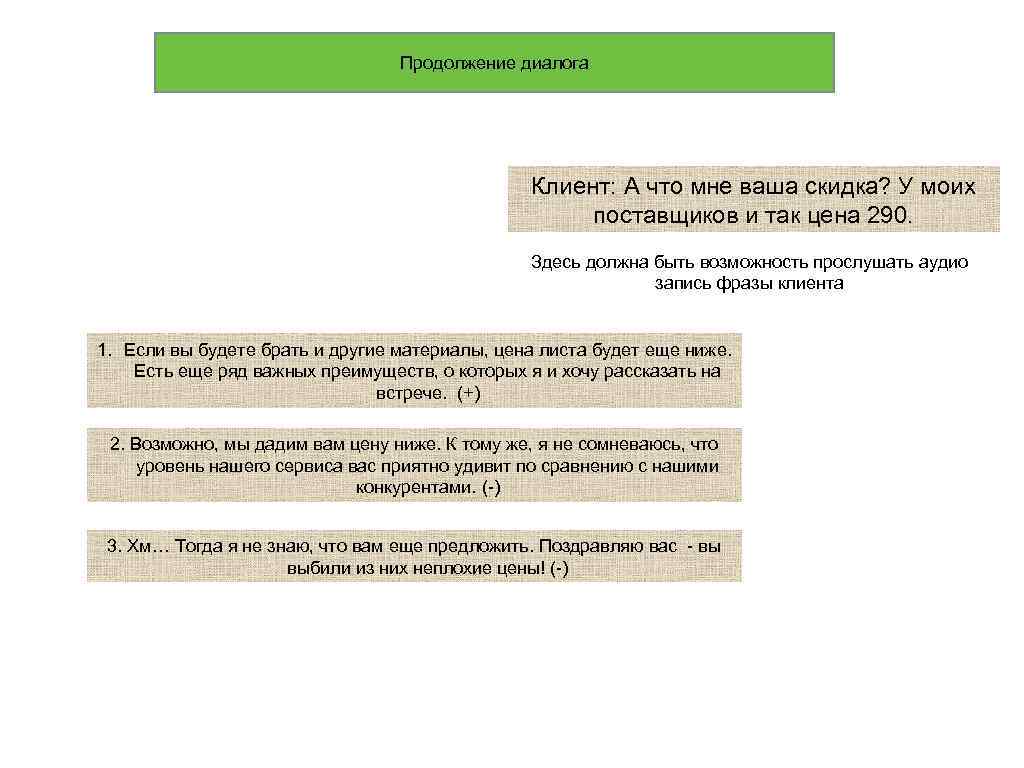 Продолжение диалога Клиент: А что мне ваша скидка? У моих поставщиков и так цена