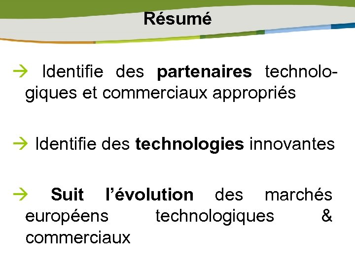 Résumé Identifie des partenaires technologiques et commerciaux appropriés Identifie des technologies innovantes Suit l’évolution