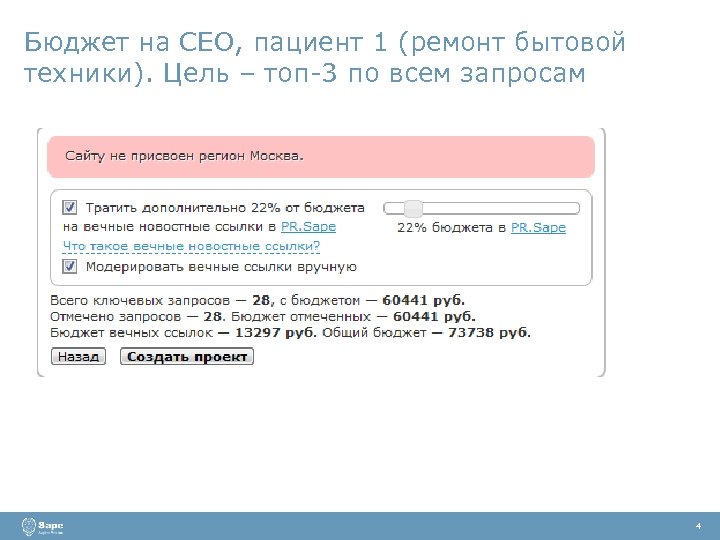 Бюджет на СЕО, пациент 1 (ремонт бытовой техники). Цель – топ-3 по всем запросам