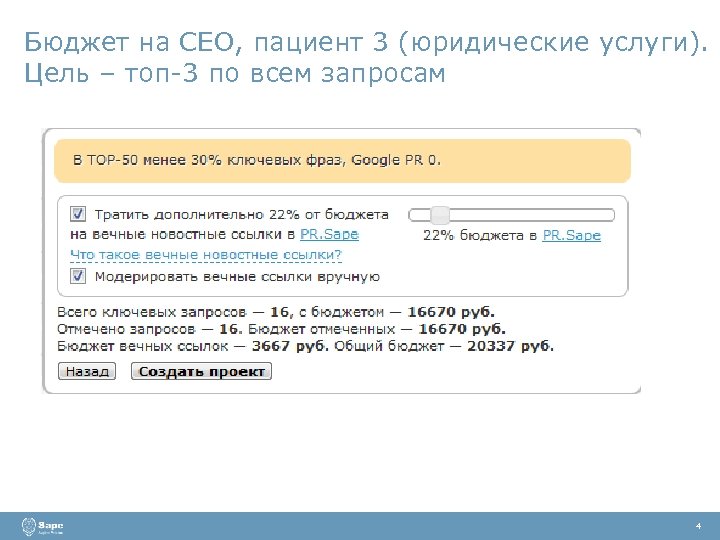 Бюджет на СЕО, пациент 3 (юридические услуги). Цель – топ-3 по всем запросам 4