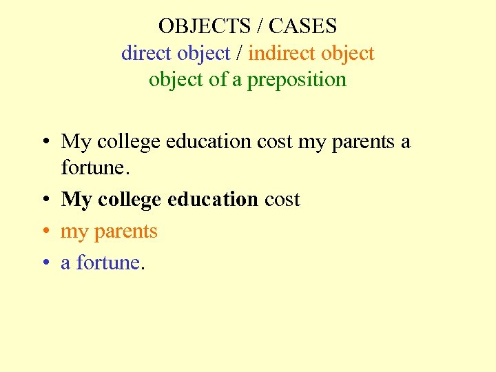 OBJECTS / CASES direct object / indirect object of a preposition • My college