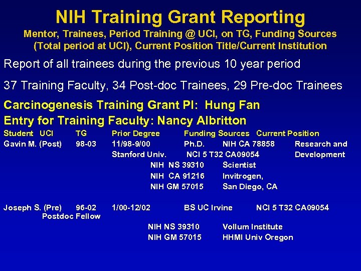 NIH Training Grant Reporting Mentor, Trainees, Period Training @ UCI, on TG, Funding Sources
