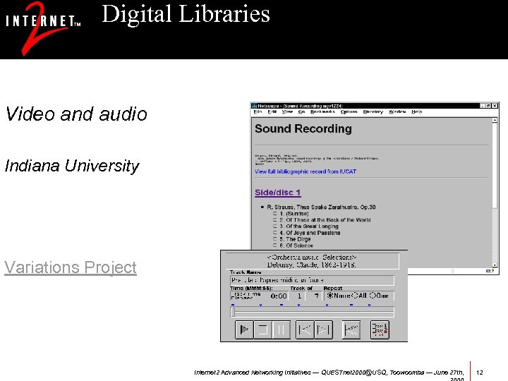 Digital Libraries Video and audio Indiana University Variations Project Internet 2 Advanced Networking Initiatives