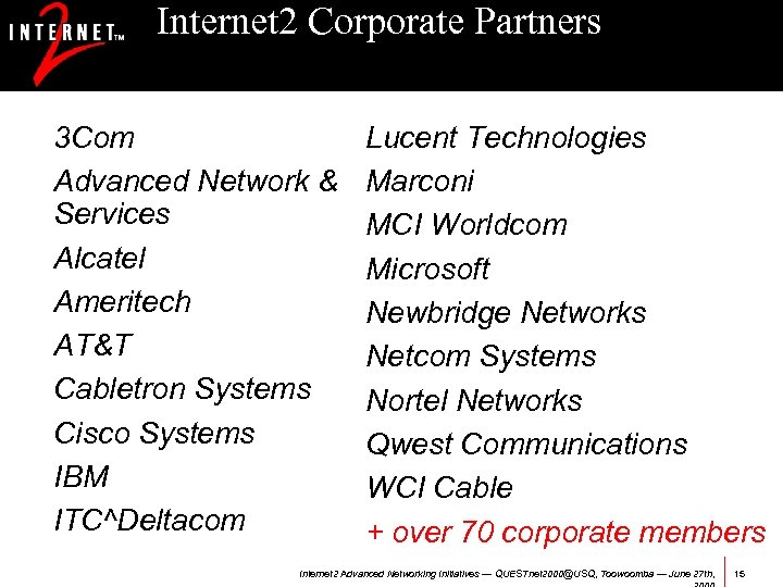 Internet 2 Corporate Partners 3 Com Advanced Network & Services Alcatel Ameritech AT&T Cabletron