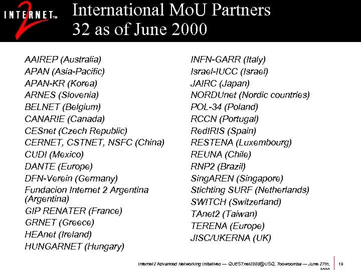 International Mo. U Partners 32 as of June 2000 AAIREP (Australia) APAN (Asia-Pacific) APAN-KR