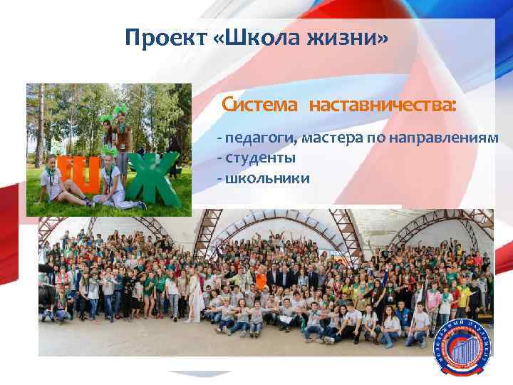 Проект «Школа жизни» Система наставничества: - педагоги, мастера по направлениям - студенты - школьники