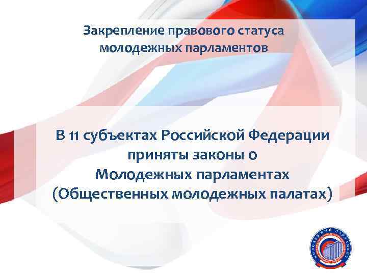 Закрепление правового статуса молодежных парламентов В 11 субъектах Российской Федерации приняты законы о Молодежных