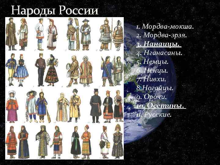 Народы России 1. Мордва-мокша. 2. Мордва-эpзя. 3. Нанаицы. 4. Нганасаны. 5. Hемцы. 6. Ненцы.