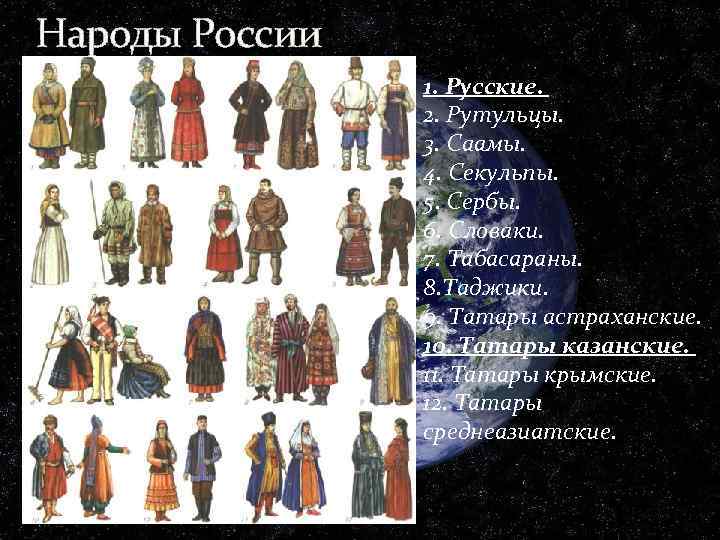 Народы России 1. Русские. 2. Рутульцы. 3. Саамы. 4. Секульпы. 5. Сербы. 6. Словаки.