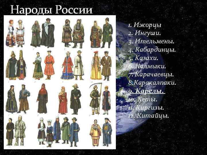 Народы России 1. Ижорцы 2. Ингуши. 3. Ительмены. 4. Кабардинцы. 5. Kазахи. 6. Калмыки.